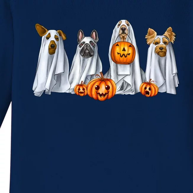 Dog Dressed As Ghost Spooky Season Ghost Dogs Halloween Gift Baby Long Sleeve Bodysuit