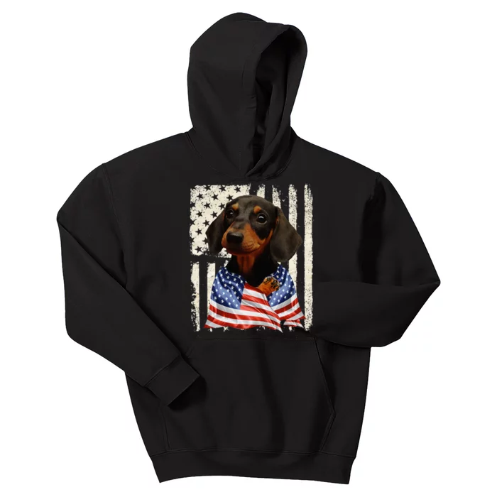 Dachshund Dog American Flag 4th Of July Patriotic Kids Hoodie