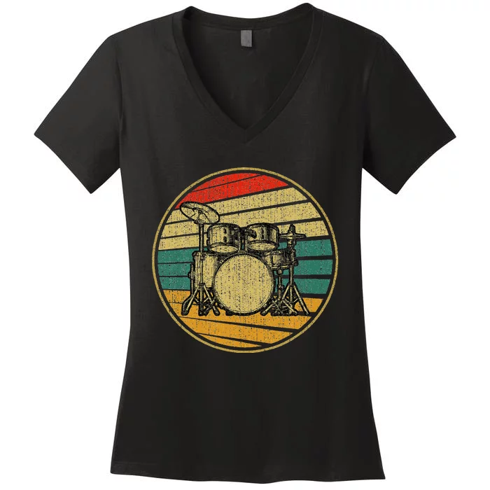 Drums Drummer Band Drumset Retro Vintage Drum Set 70s 80s Women's V-Neck T-Shirt