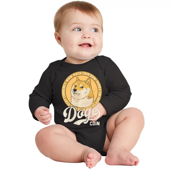 Dogecoin Doge Coin Logo Shiba Inu Dog Crypto Currency Meme Baby Long Sleeve Bodysuit