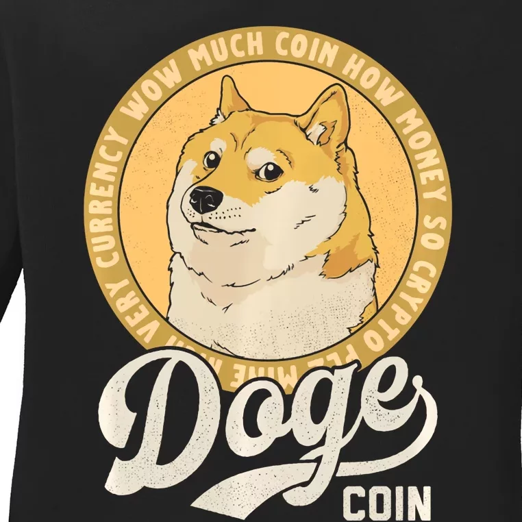 Dogecoin Doge Coin Logo Shiba Inu Dog Crypto Currency Meme Ladies Long Sleeve Shirt