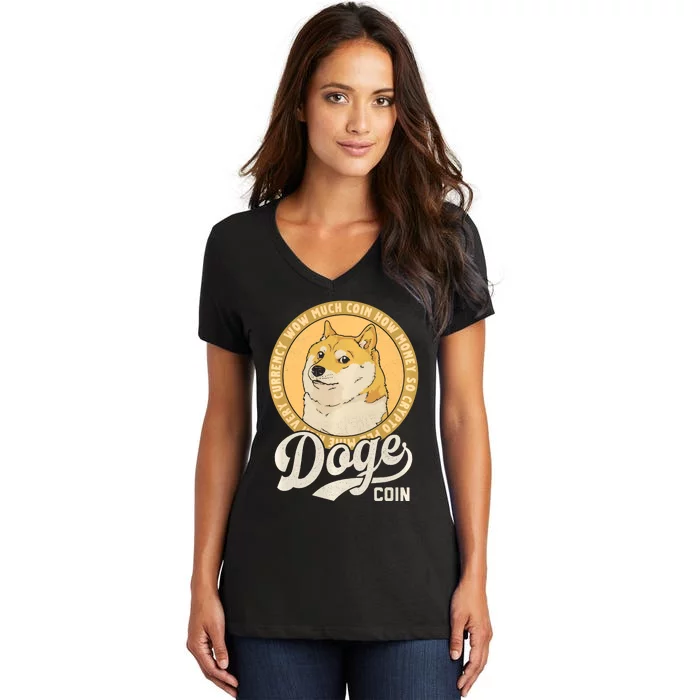 Dogecoin Doge Coin Logo Shiba Inu Dog Crypto Currency Meme Women's V-Neck T-Shirt