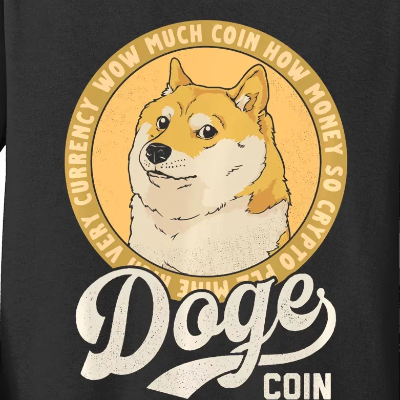 Dogecoin Doge Coin Logo Shiba Inu Dog Crypto Currency Meme Kids Long Sleeve Shirt