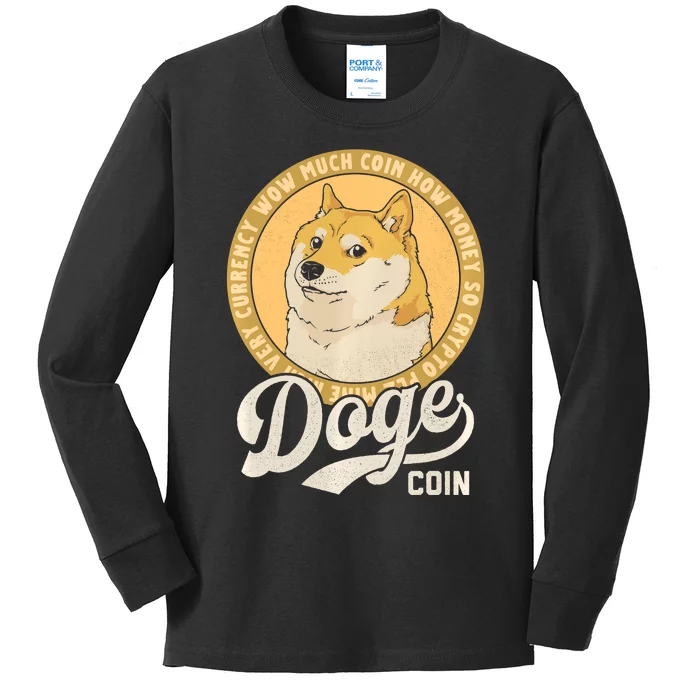 Dogecoin Doge Coin Logo Shiba Inu Dog Crypto Currency Meme Kids Long Sleeve Shirt