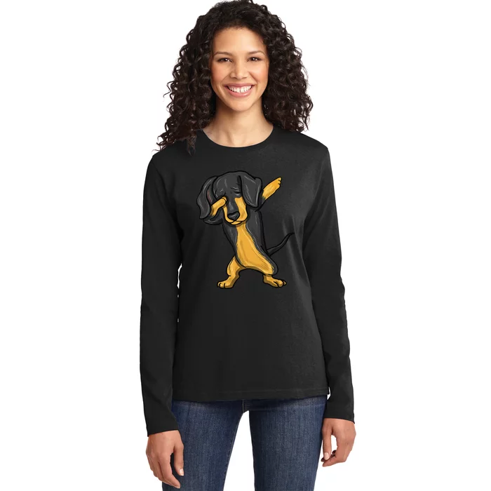 Dabbing Dachshund Doxie Dog Dab Dance Ladies Long Sleeve Shirt