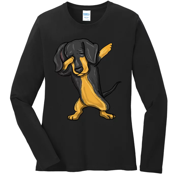 Dabbing Dachshund Doxie Dog Dab Dance Ladies Long Sleeve Shirt