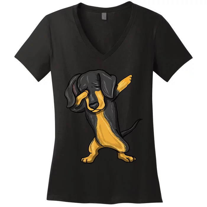 Dabbing Dachshund Doxie Dog Dab Dance Women's V-Neck T-Shirt