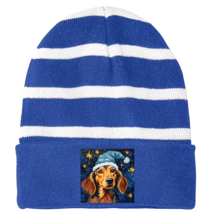 Dachshund Doxie Dog In Santa Hat Starry Night Christmas Gift Striped Beanie with Solid Band