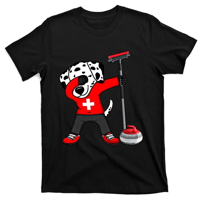 Dabbing Dalmatian Dog Switzerland Curling Fans Jersey Sports Gift T-Shirt