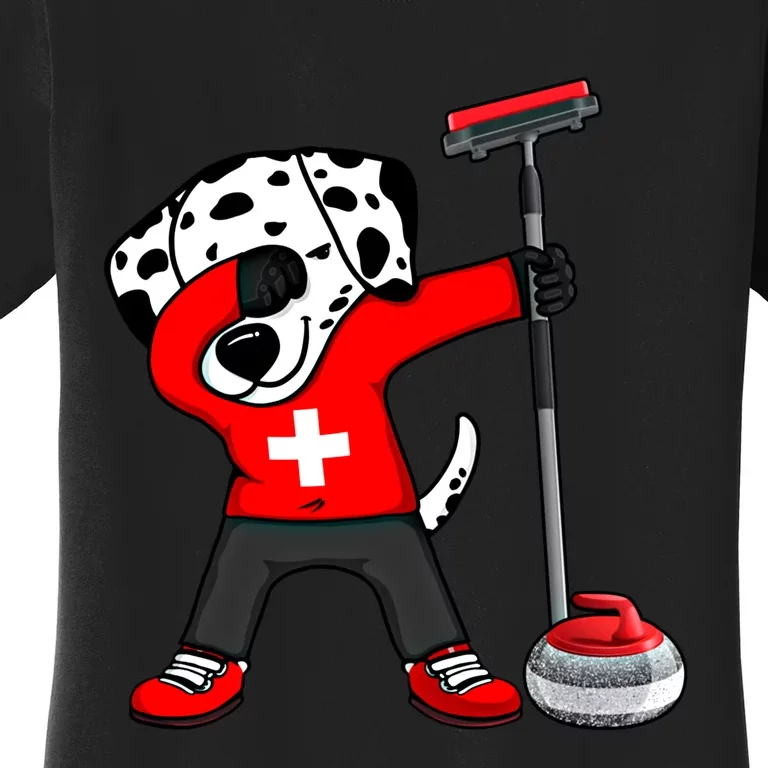 Dabbing Dalmatian Dog Switzerland Curling Fans Jersey Sports Gift Women's T-Shirt