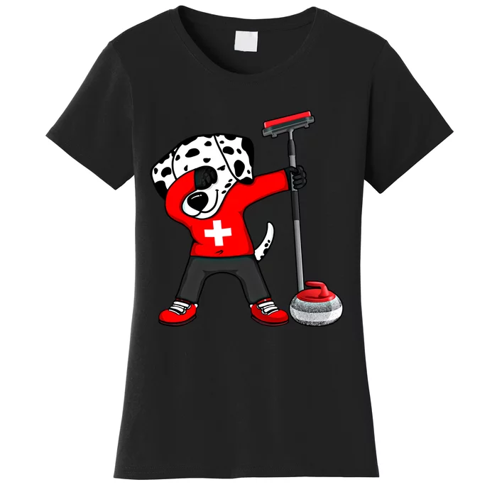 Dabbing Dalmatian Dog Switzerland Curling Fans Jersey Sports Gift Women's T-Shirt