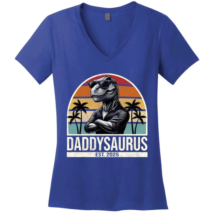 Dino Dad Daddysaurus New Dad 2025 Adult Dinosaur Dad Gift Women's V-Neck T-Shirt