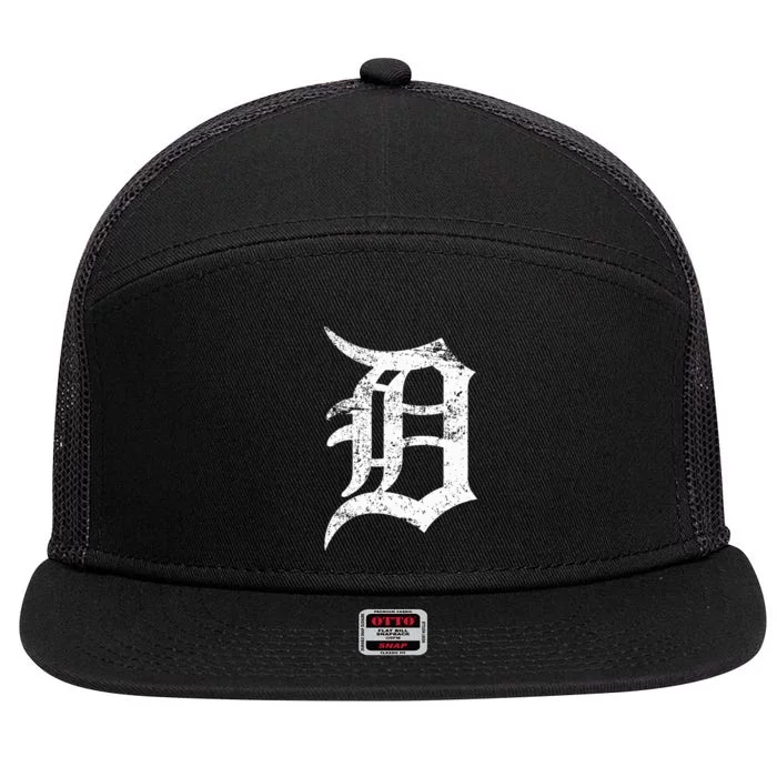 Distressed Detroit D Lettering Design 7 Panel Mesh Trucker Snapback Hat