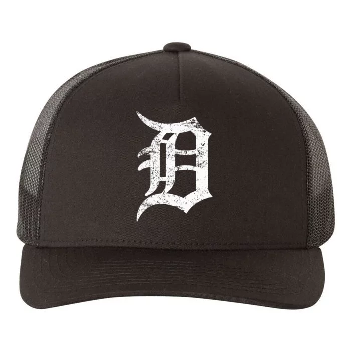 Distressed Detroit D Lettering Design Yupoong Adult 5-Panel Trucker Hat