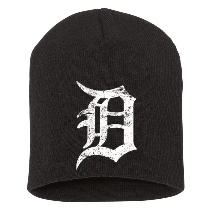 Distressed Detroit D Lettering Design Short Acrylic Beanie