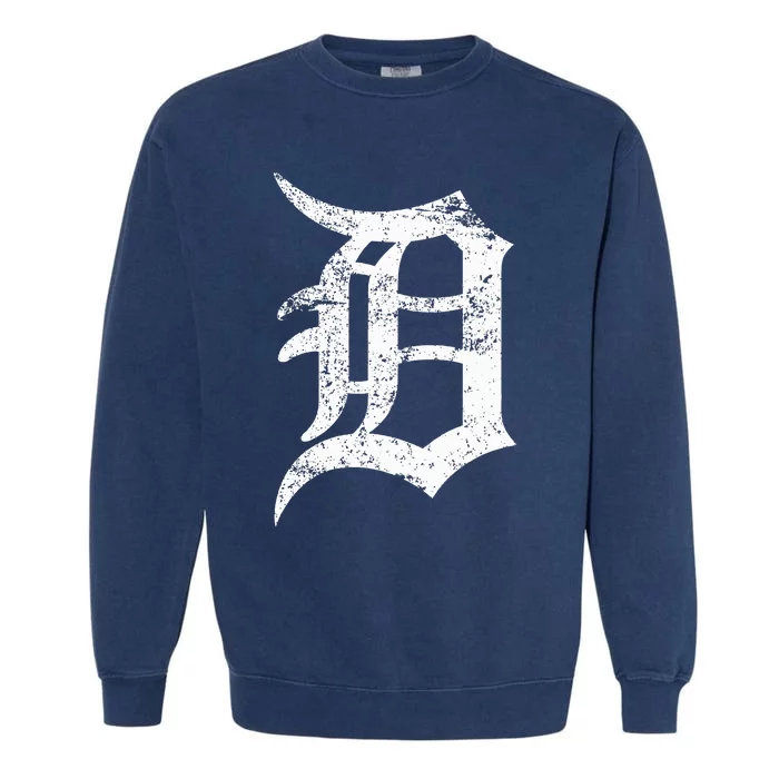 Distressed Detroit D Lettering Design Garment-Dyed Sweatshirt