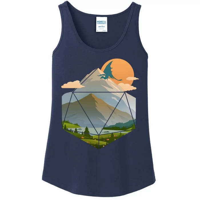 Dungeons Dragons DnD D20 Dice Mountain Nature Scene Ladies Essential Tank