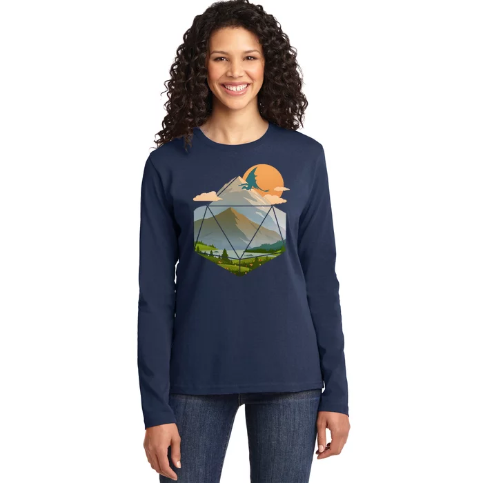 Dungeons Dragons DnD D20 Dice Mountain Nature Scene Ladies Long Sleeve Shirt