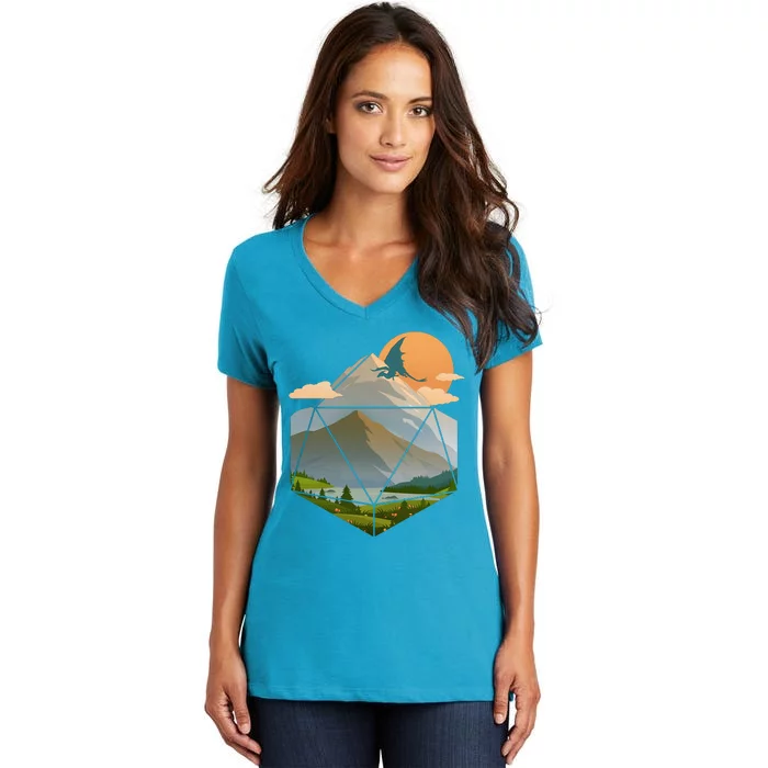 Dungeons Dragons DnD D20 Dice Mountain Nature Scene Women's V-Neck T-Shirt