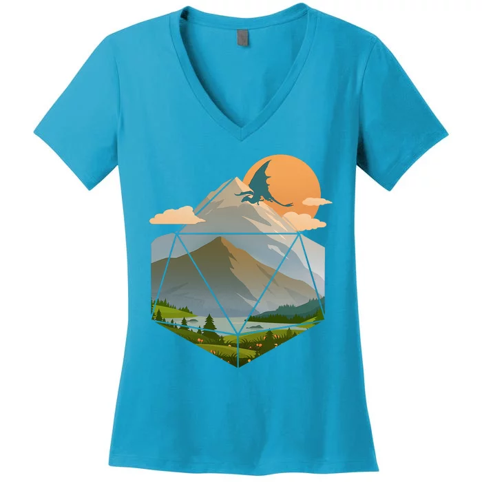 Dungeons Dragons DnD D20 Dice Mountain Nature Scene Women's V-Neck T-Shirt