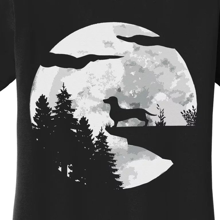 Dachshund Dog Full Moon At Night Pet Dogie Wiener Dog Women's T-Shirt