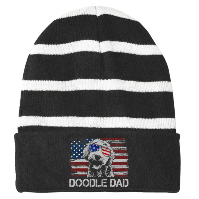 Doodle Dad Goldendoodle Dog American Flag 4th Of July Striped Beanie with Solid Band