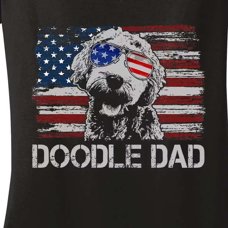 Doodle Dad Goldendoodle Dog American Flag 4th Of July Women's V-Neck T-Shirt