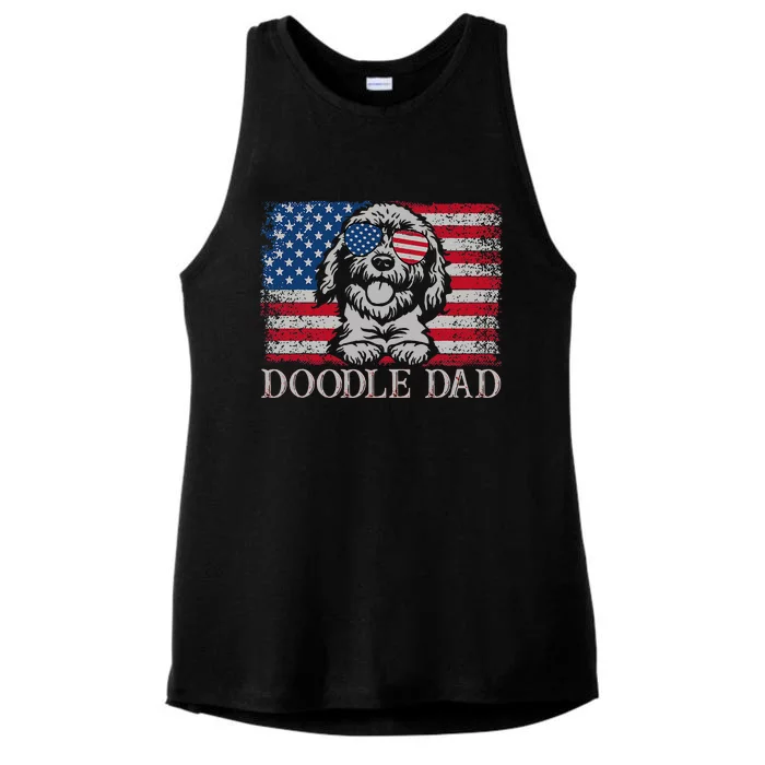 Doodle Dad Goldendoodle Dog American Flag 4th of July Ladies Tri-Blend Wicking Tank