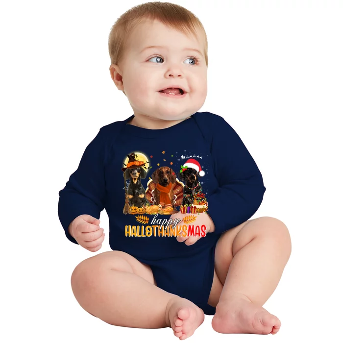 Dachshund Dog Halloween Thanksgiving Happy Hallothanksmas Gift Baby Long Sleeve Bodysuit