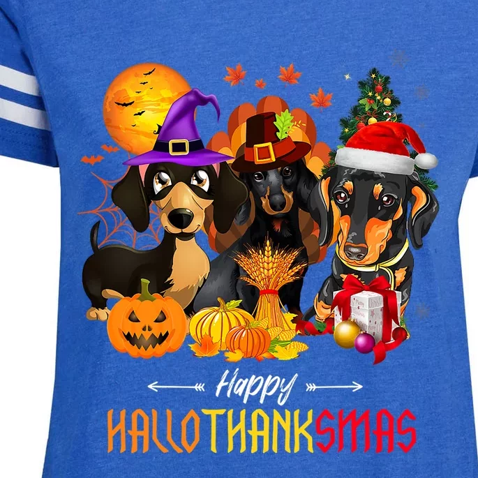 Dachshund Dog Halloween Merry Christmas Happy Hallothanksmas Cute Gift Enza Ladies Jersey Football T-Shirt