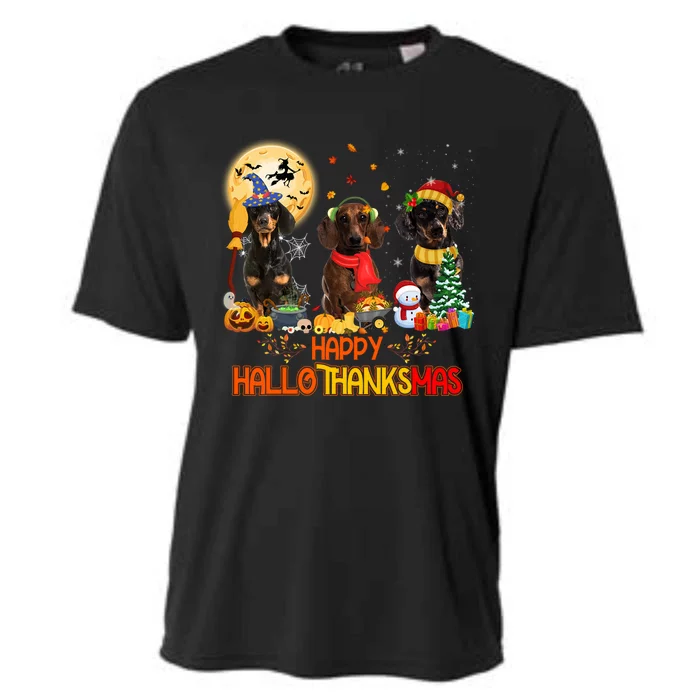 Dachshund Dog Halloween Thanksgiving Happy Hallothanksmas Gift Cooling Performance Crew T-Shirt