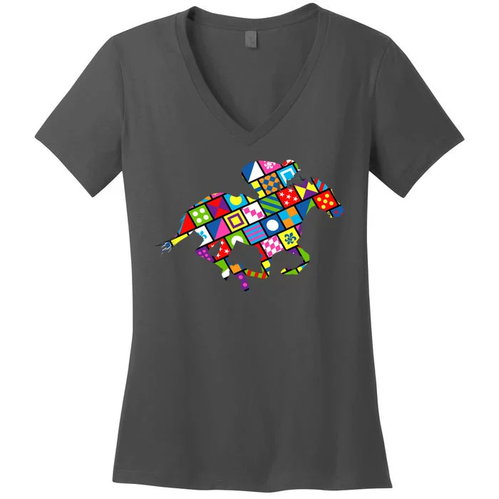 Derby Day Horse Lover Colorful Abstract Women's V-Neck T-Shirt