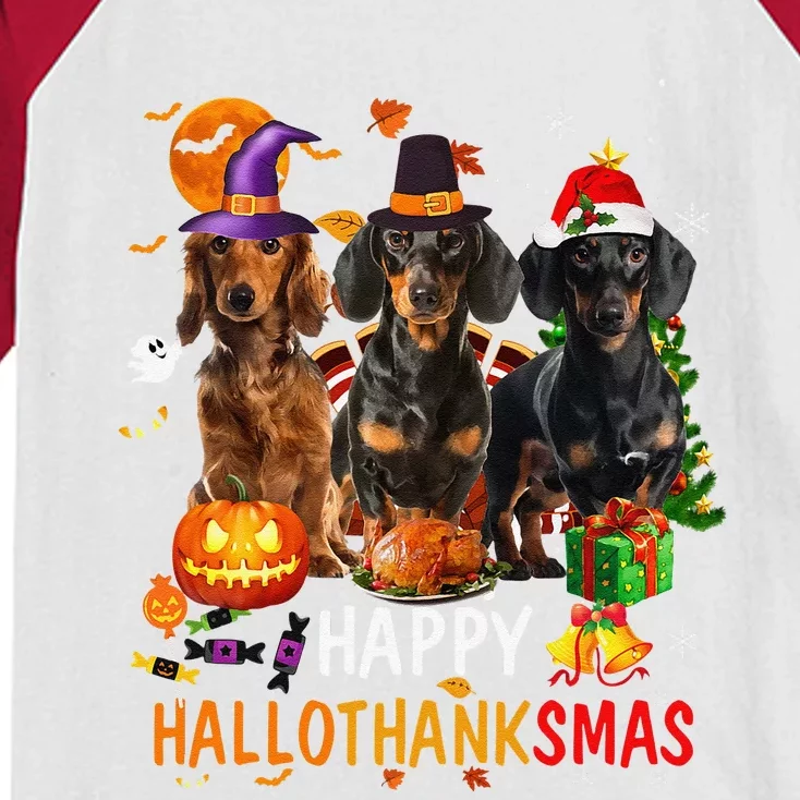 Dachshund Dog Halloween Merry Christmas Happy Hallothanksmas Kids Colorblock Raglan Jersey