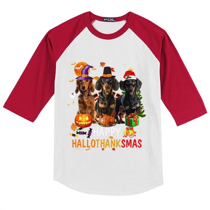 Dachshund Dog Halloween Merry Christmas Happy Hallothanksmas Kids Colorblock Raglan Jersey