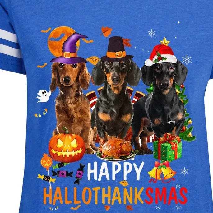 Dachshund Dog Halloween Merry Christmas Happy Hallothanksmas Enza Ladies Jersey Football T-Shirt