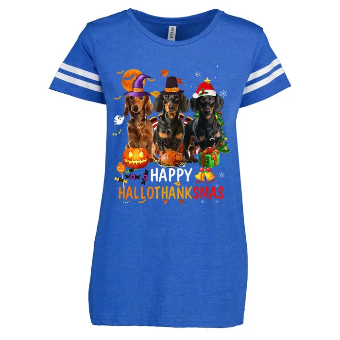 Dachshund Dog Halloween Merry Christmas Happy Hallothanksmas Enza Ladies Jersey Football T-Shirt