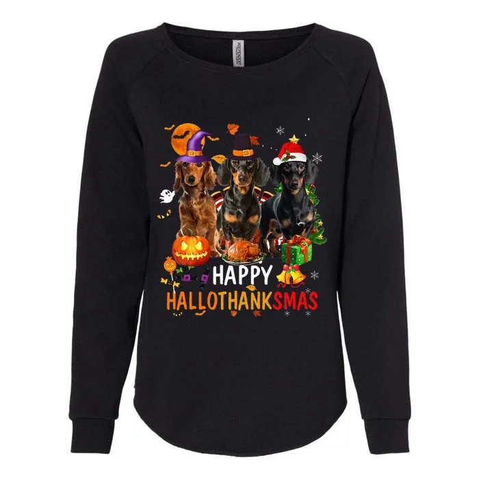 Dachshund Dog Halloween Merry Christmas Happy Hallothanksmas Womens California Wash Sweatshirt