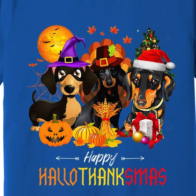 Dachshund Dog Halloween Merry Christmas Happy Hallothanksmas Premium T-Shirt