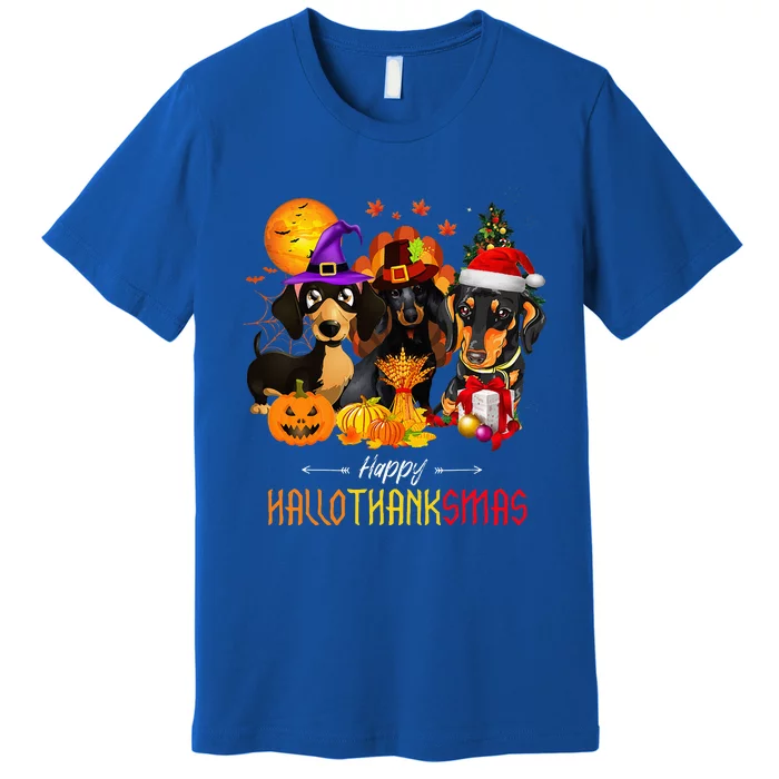 Dachshund Dog Halloween Merry Christmas Happy Hallothanksmas Premium T-Shirt