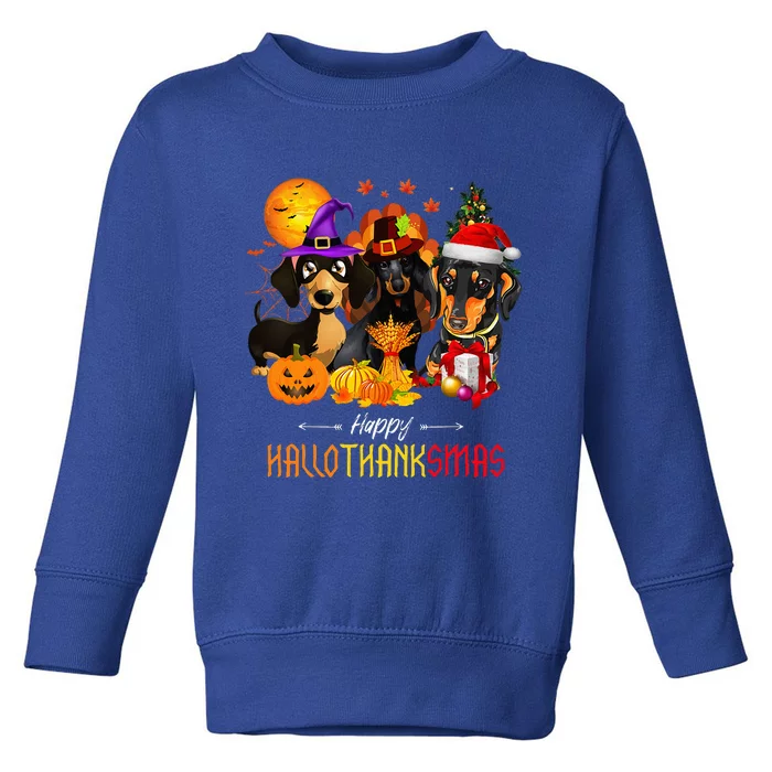 Dachshund Dog Halloween Merry Christmas Happy Hallothanksmas Toddler Sweatshirt