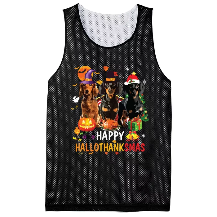 Dachshund Dog Halloween Merry Christmas Happy Hallothanksmas Mesh Reversible Basketball Jersey Tank