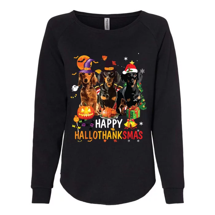 Dachshund Dog Halloween Merry Christmas Happy Hallothanksmas Womens California Wash Sweatshirt