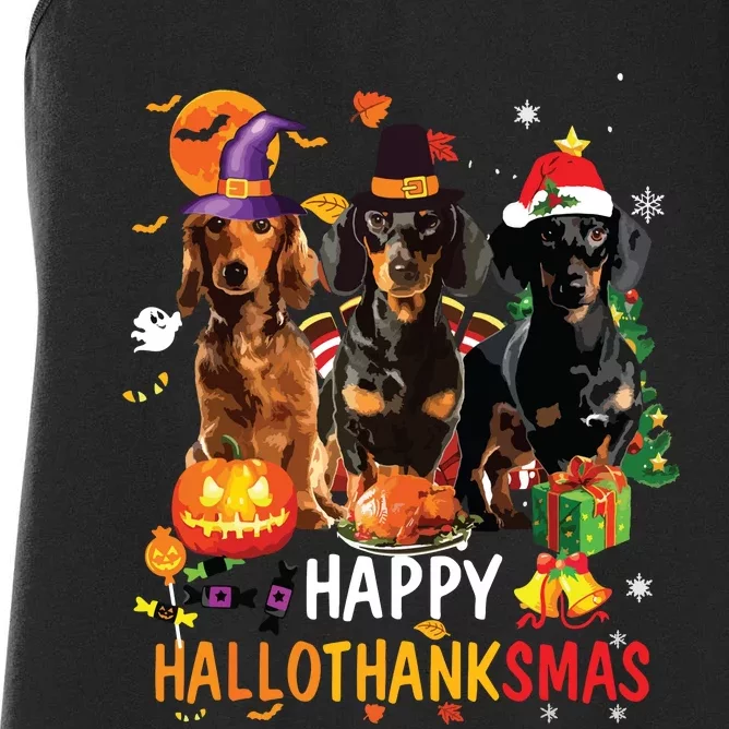 Dachshund Dog Halloween Merry Christmas Happy Hallothanksmas Women's Racerback Tank