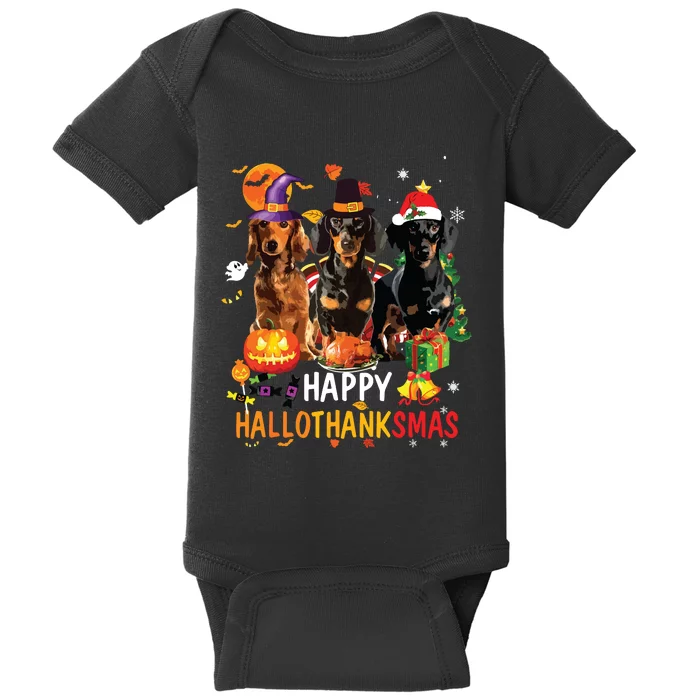 Dachshund Dog Halloween Merry Christmas Happy Hallothanksmas Baby Bodysuit