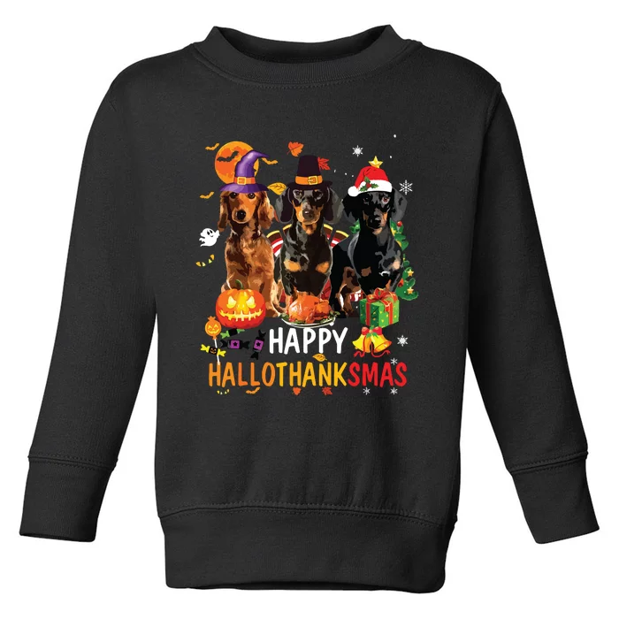 Dachshund Dog Halloween Merry Christmas Happy Hallothanksmas Toddler Sweatshirt