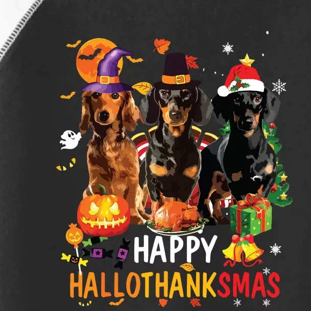 Dachshund Dog Halloween Merry Christmas Happy Hallothanksmas Toddler Fine Jersey T-Shirt