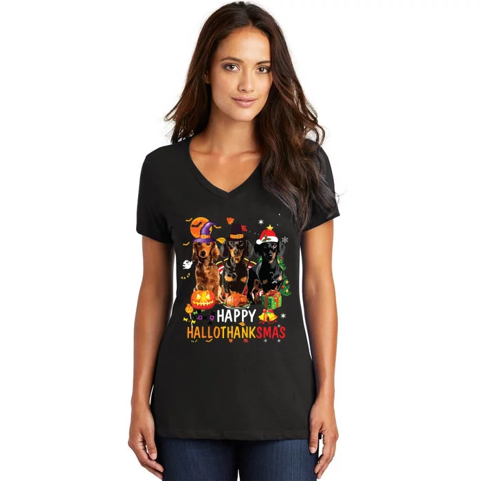 Dachshund Dog Halloween Merry Christmas Happy Hallothanksmas Women's V-Neck T-Shirt