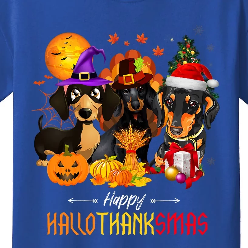 Dachshund Dog Halloween Merry Christmas Happy Hallothanksmas Kids T-Shirt