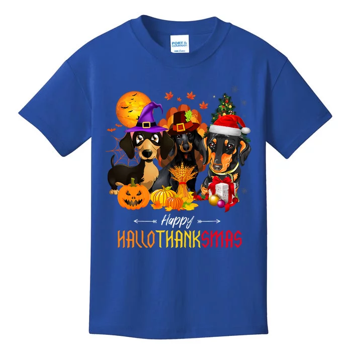 Dachshund Dog Halloween Merry Christmas Happy Hallothanksmas Kids T-Shirt