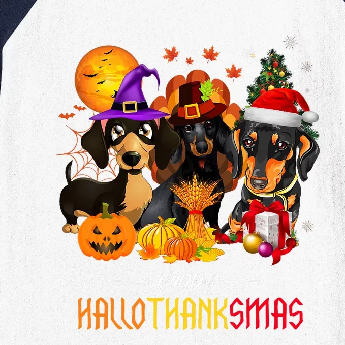 Dachshund Dog Halloween Merry Christmas Happy Hallothanksmas Baseball Sleeve Shirt